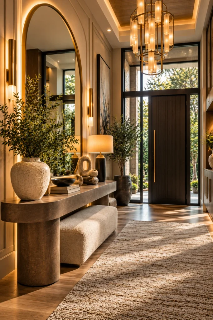 Modern dramatic entryway designs for a luxurious feel featuring an arched statement mirror, sculptural console table, elegant decor, warm lighting, and contemporary luxury foyer styling.