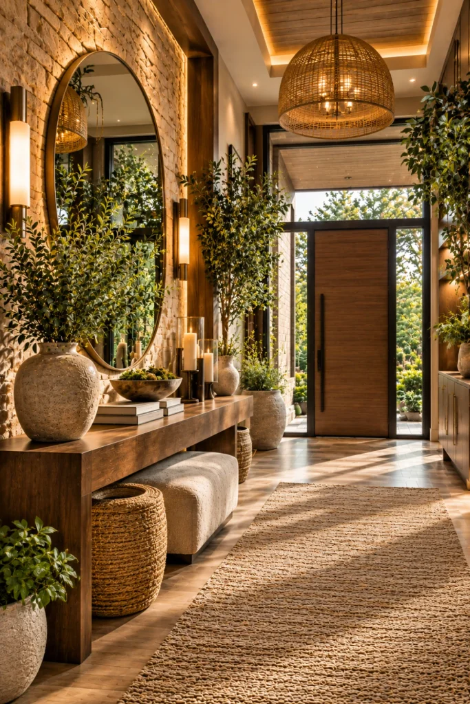 Modern Dramatic Entryway Designs for a Luxurious Feel featuring natural greenery, wood textures, stone surfaces, luxury console styling, and a modern nature-inspired foyer.