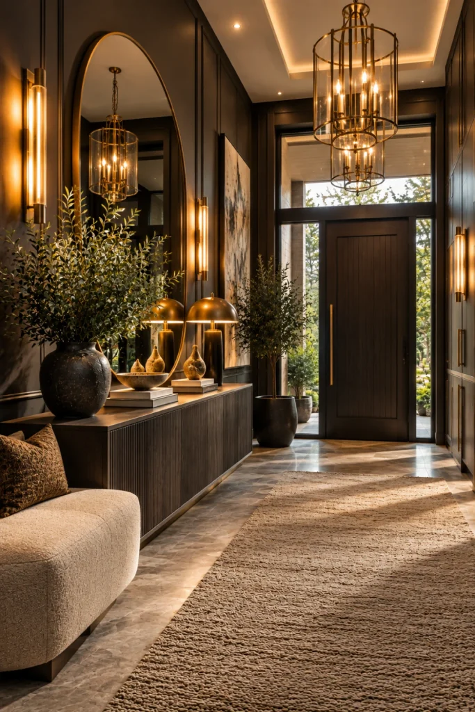 Modern Dramatic Entryway Designs for a Luxurious Feel it with a moody charcoal color palette, curved mirror, luxury console table, warm lighting, and elegant modern decor.