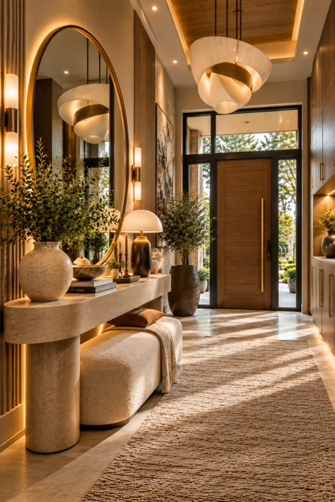 Modern Dramatic Entryway Designs for a Luxurious Feel it with curved furniture, rounded mirror, soft contrast colors, luxury seating, and elegant contemporary foyer styling.