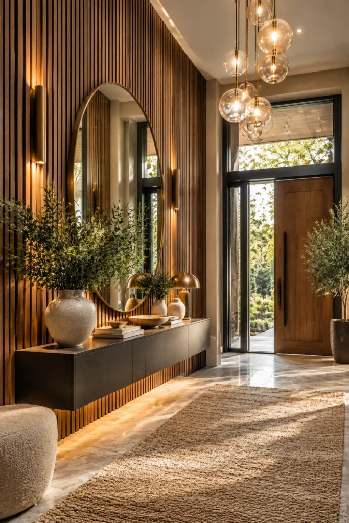 Modern Dramatic Entryway Designs for a Luxurious Feel with vertical fluted wood wall panels, elegant console furniture, oversized mirrors, warm lighting, and sophisticated natural textures.