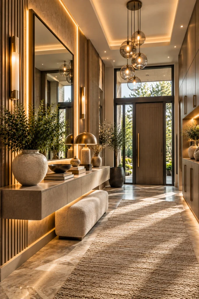 Modern dramatic entryway designs for a luxurious feel with a monochromatic modern foyer, layered lighting, elegant console furniture, textured walls, and luxury neutral decor.