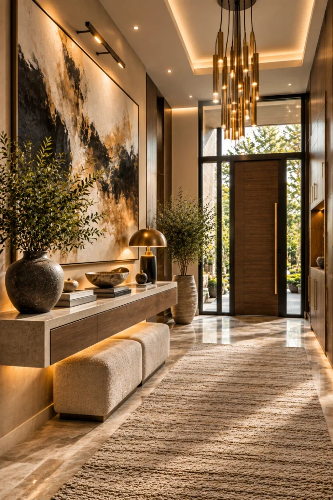 Modern dramatic entryway designs for a luxurious feel featuring oversized artwork, minimalist console styling, elegant lighting, luxury flooring, and a modern gallery-inspired foyer.