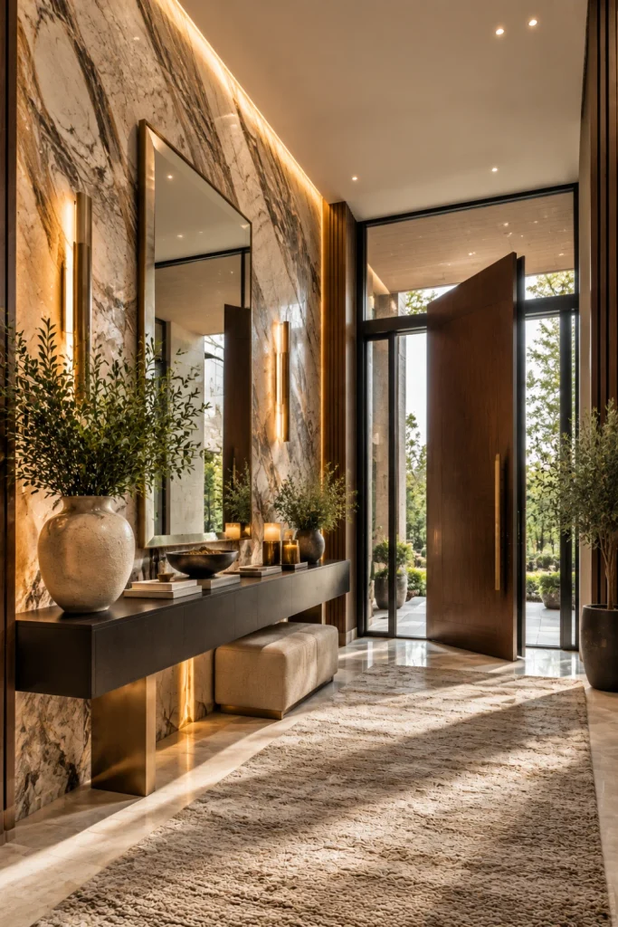 Modern dramatic entryway designs for a luxurious feel featuring a dramatic veined stone feature wall, luxury console table, elegant mirror, marble surfaces, and modern foyer styling.