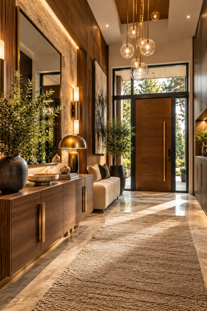 Modern Dramatic Entryway Designs for a Luxurious Feel the combination of warm wood cabinetry, natural stone flooring, brushed brass accents, luxury seating, and contemporary foyer decor.
