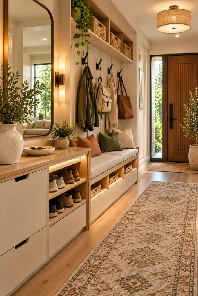 Modern entryway bench and shoe storage ideas featuring a built-in oak bench, concealed shoe cabinets, woven family baskets, wall hooks, a washable runner, and stylish organized family entryway decor.