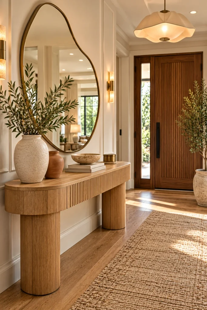 Modern entryway decor ideas featuring a sculptural oak console table, oversized organic mirror, travertine accessories, textured ceramic vases, natural wood finishes, and elegant neutral foyer styling.