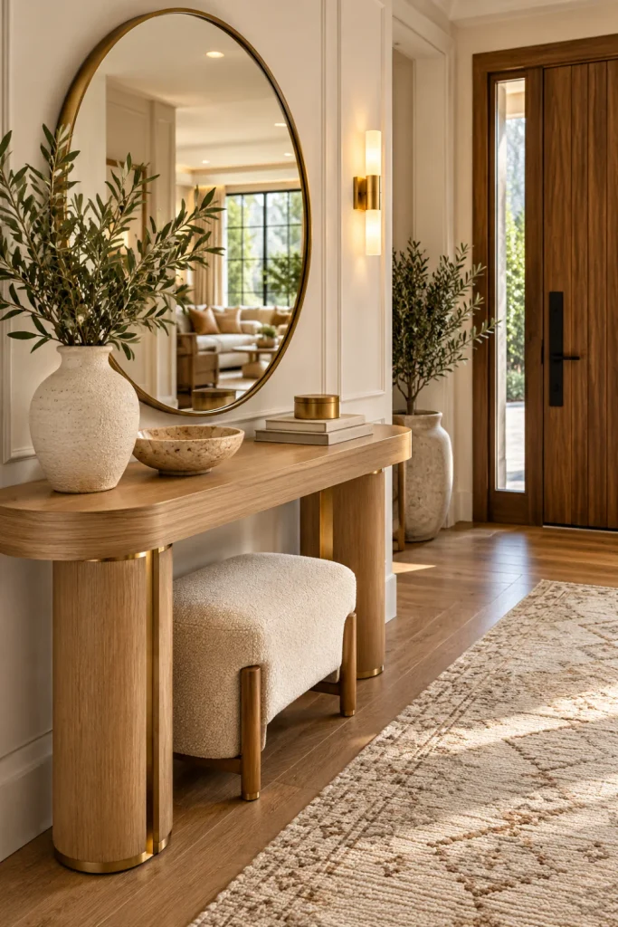 Modern entryway ideas for a stylish first impression featuring a warm oak console table, oversized round mirror, elegant ceramic vase, neutral textured runner, soft natural lighting, and luxurious contemporary foyer decor.