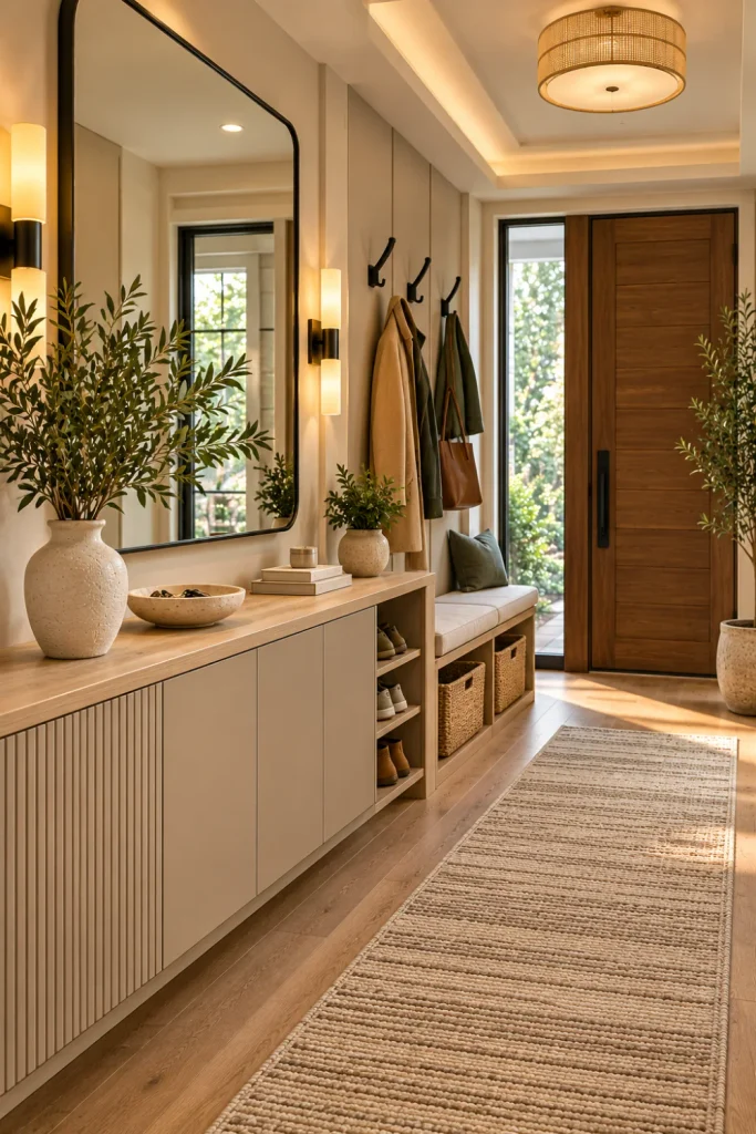Modern entryway storage ideas featuring a sleek closed shoe cabinet, built-in storage drawers, minimalist wall hooks, woven baskets, an elegant mirror, and organized contemporary foyer decor.