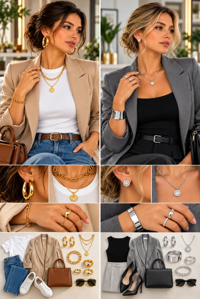Modern everyday gold vs. silver jewelry outfit ideas with timeless gold hoops, delicate chains, everyday rings, minimalist silver cuffs, contemporary necklaces, and polished studs styled with capsule wardrobe essentials.