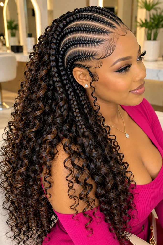 Contemporary feed-in cornrows with graduated braid thickness and soft curly ends, photographed in a close three-quarter view with clean parting, smooth transitions, natural shine, and polished modern styling.