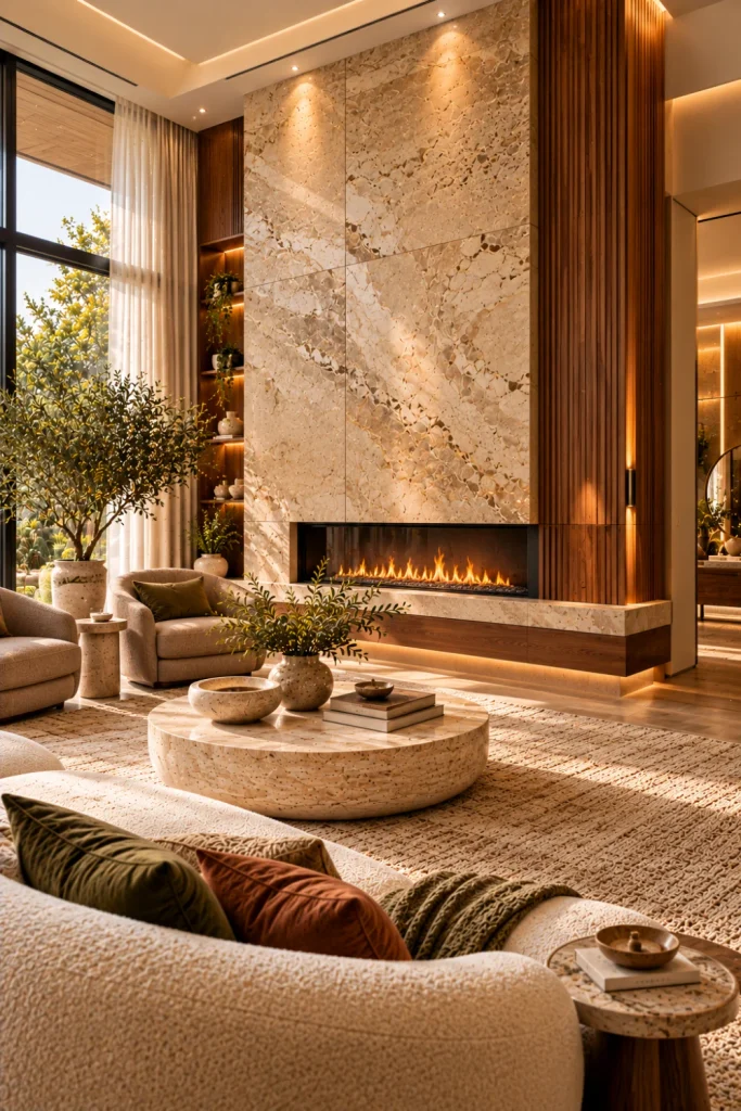 Modern luxury living room with a floor-to-ceiling natural stone fireplace accent wall, linear fireplace, warm oak cabinetry, sculptural furniture, elegant recessed lighting, and sophisticated organic modern decor.