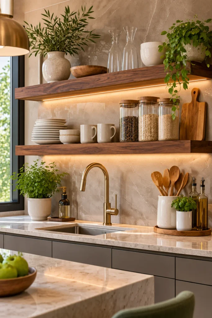 Modern floating kitchen shelf ideas with sleek walnut shelves, minimalist ceramics, integrated LED lighting, handleless cabinetry, and luxurious contemporary finishes