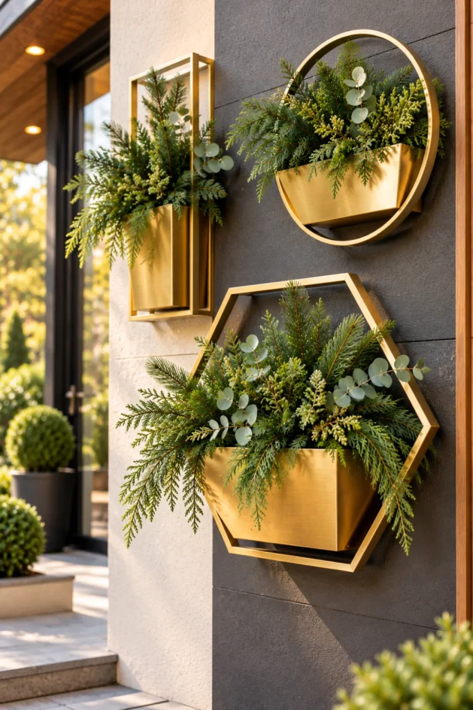 Modern geometric gold wall planters in hexagonal and circular designs filled with rich green Christmas foliage against a charcoal and ivory outdoor wall for an elegant contemporary garden display.