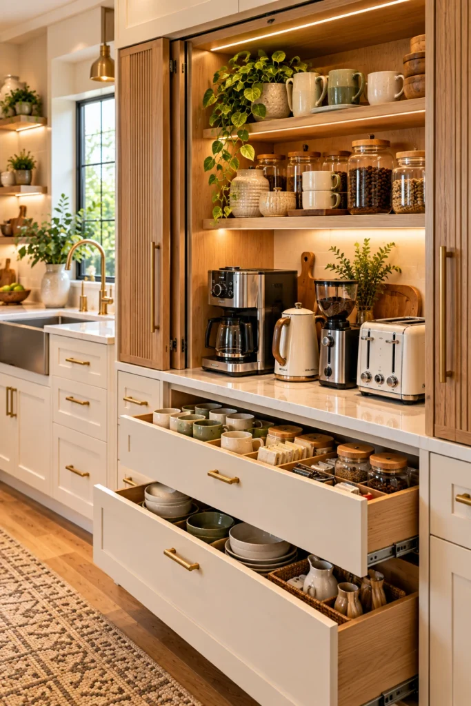Luxury modern kitchen featuring a built-in coffee and breakfast station with a coffee maker, toaster, kettle, grinder, mugs, and organized breakfast supplies.