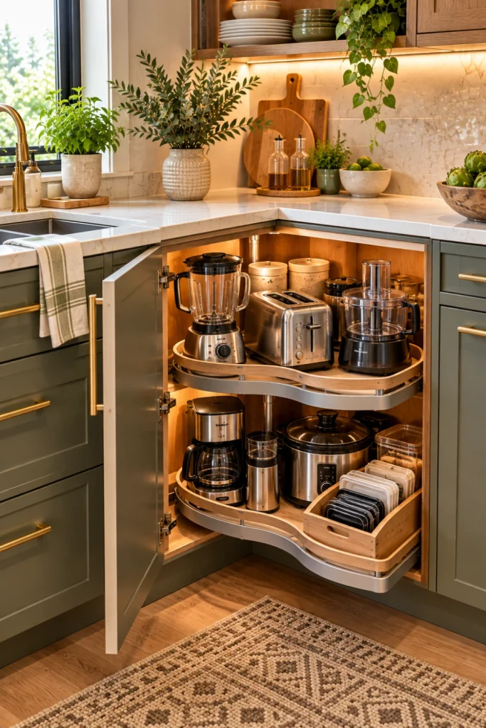 An elegant contemporary kitchen corner cabinet was transformed into practical appliance storage with a rotating organizer and pull-out shelves holding small kitchen appliances.