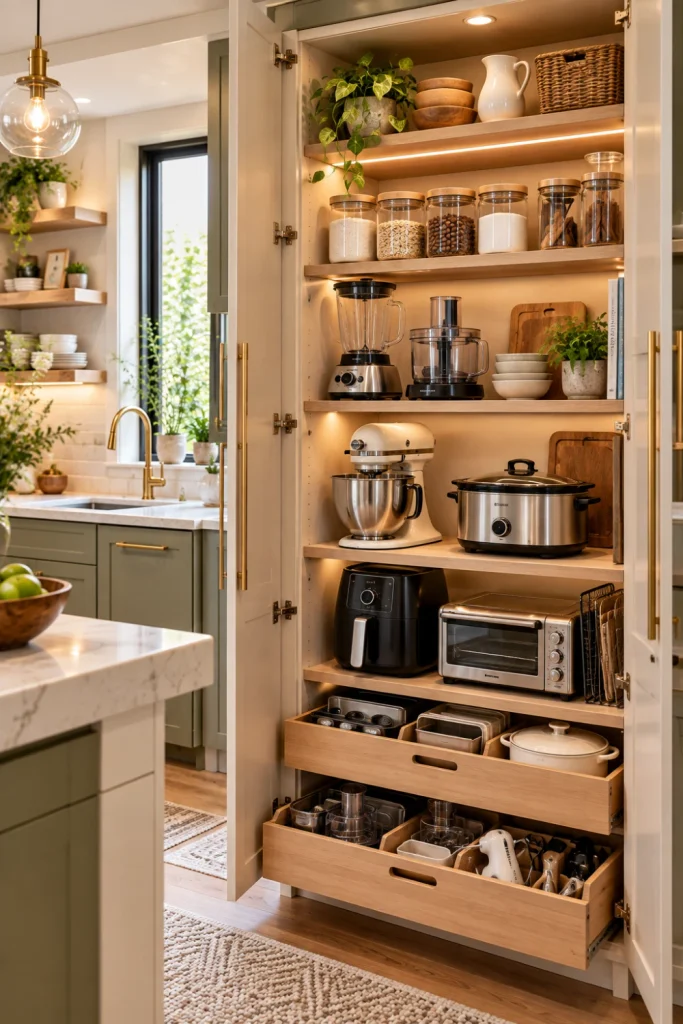 Modern kitchen pantry cabinet with a dedicated appliance storage zone holding larger and less frequently used appliances on adjustable shelves while keeping everyday supplies separate.