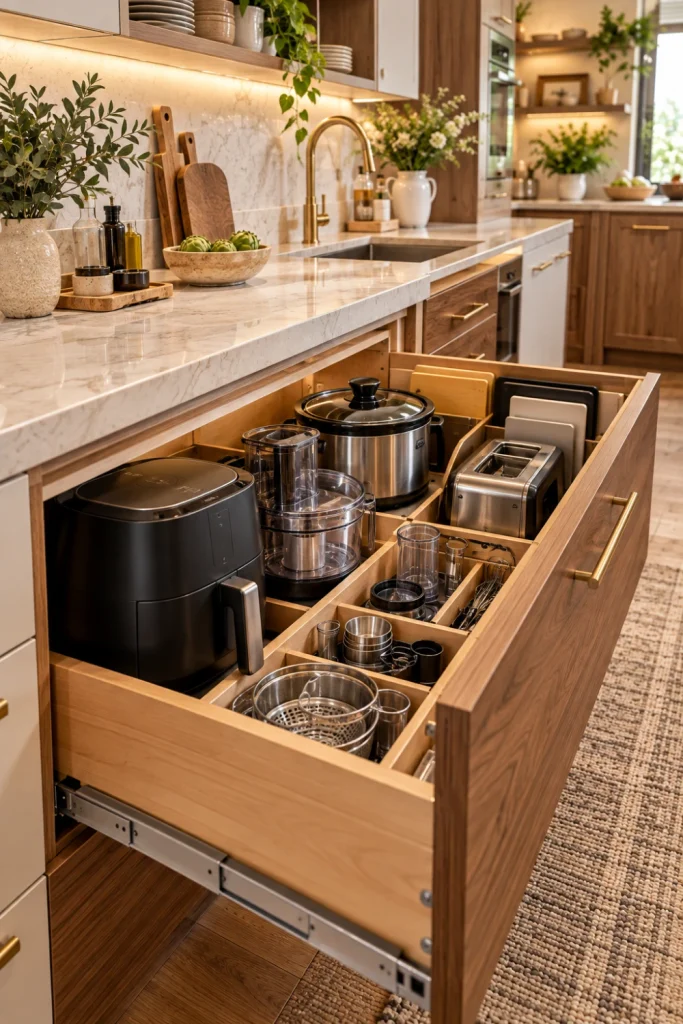 Luxury modern kitchen featuring deep appliance drawers organized with an air fryer, food processor, slow cooker, and neatly separated accessories for efficient storage.
