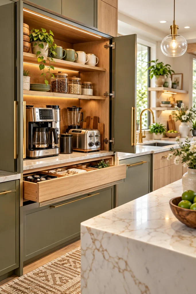 Modern kitchen with a sleek hidden appliance garage cabinet concealing a coffee maker, blender, and toaster while preserving an uncluttered countertop and elegant contemporary decor.