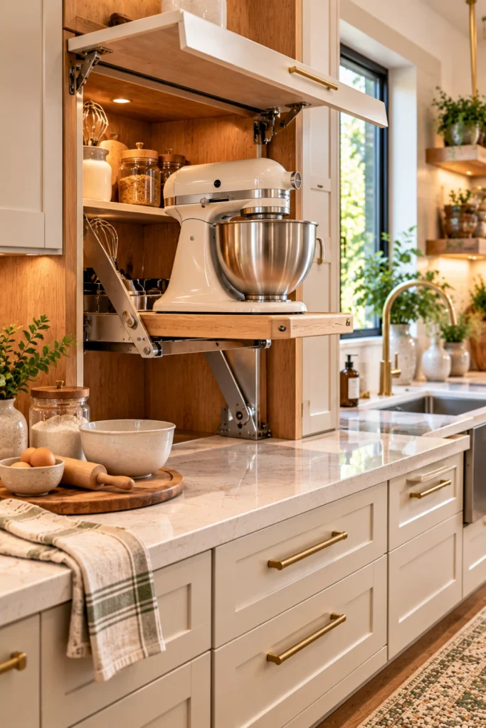 Elegant modern kitchen featuring a lift-up hidden appliance cabinet that brings a heavy stand mixer to working height while preserving valuable countertop space.