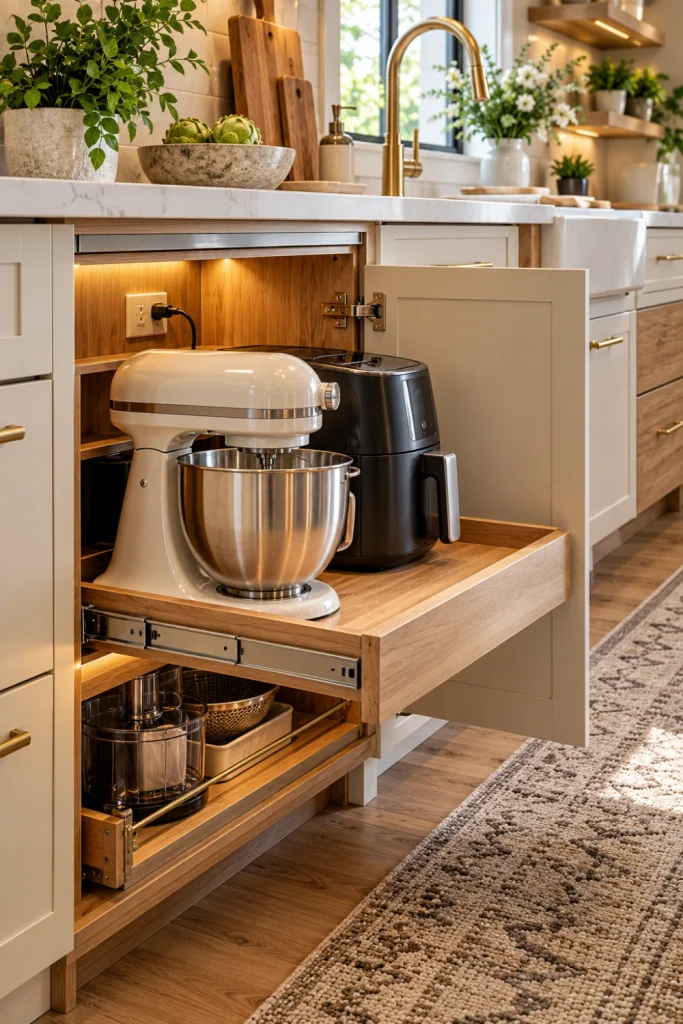 Contemporary kitchen showing a sturdy pull-out appliance shelf sliding forward from a lower cabinet with a heavy countertop appliance positioned for easy access.