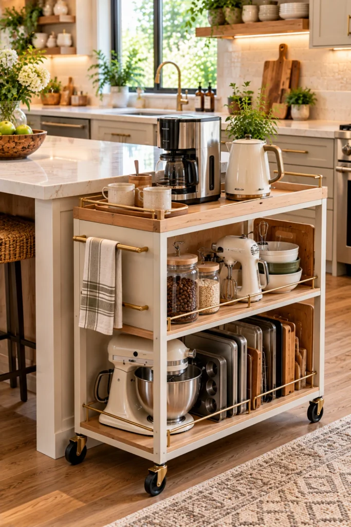 Stylish modern kitchen with a slim rolling storage cart holding coffee equipment, baking tools, and compact appliances while keeping the main countertop open and organized.