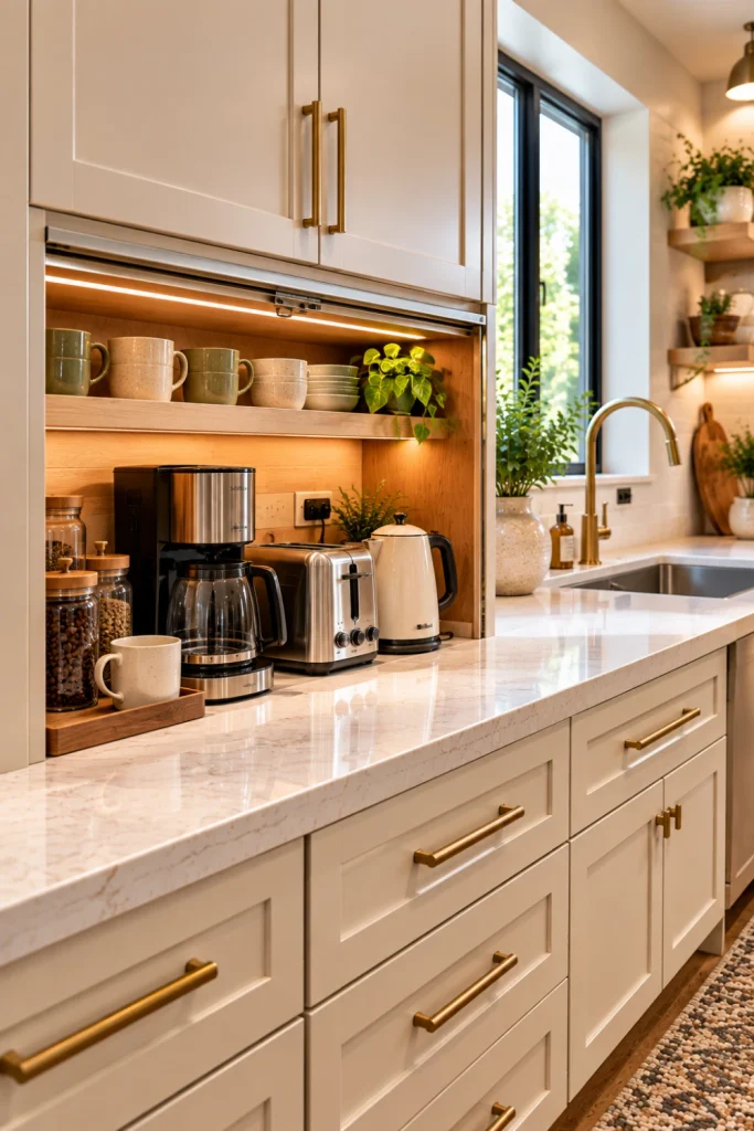 Contemporary kitchen with an under-cabinet appliance station for everyday coffee and breakfast appliances, keeping electrical access convenient while preserving open countertop space.