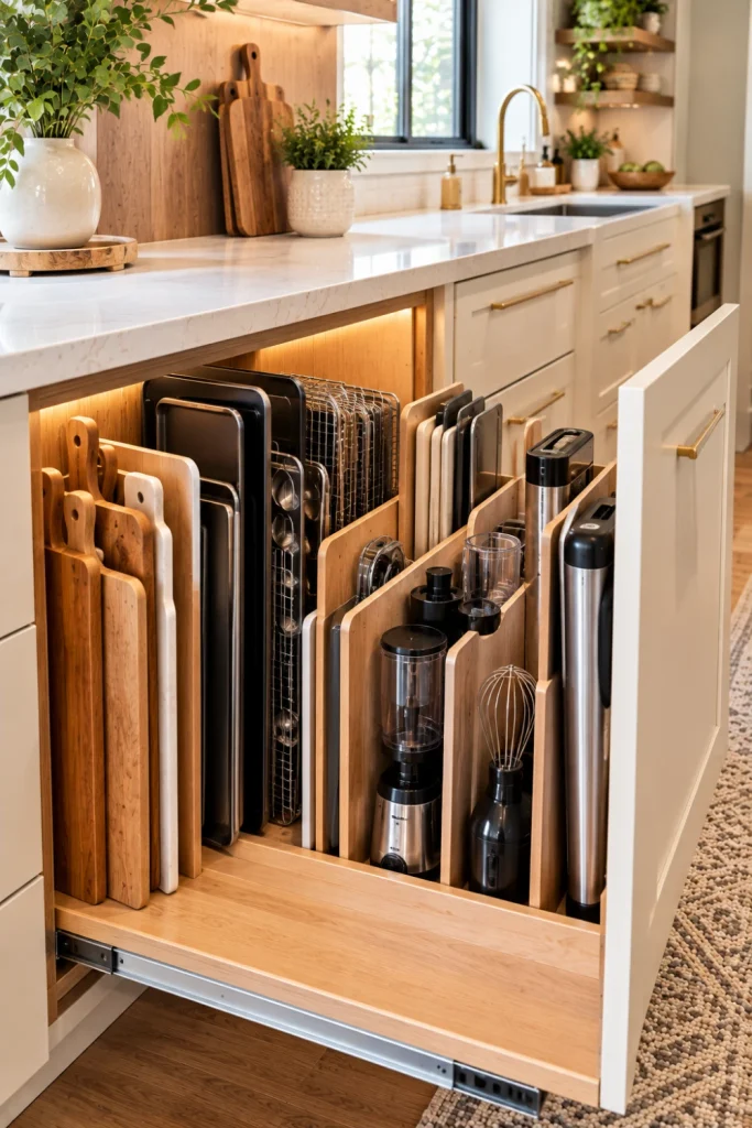 Modern kitchen cabinet with vertical dividers organizing cutting boards, baking trays, appliance accessories, and slim kitchen equipment in an elegant space-saving storage zone.