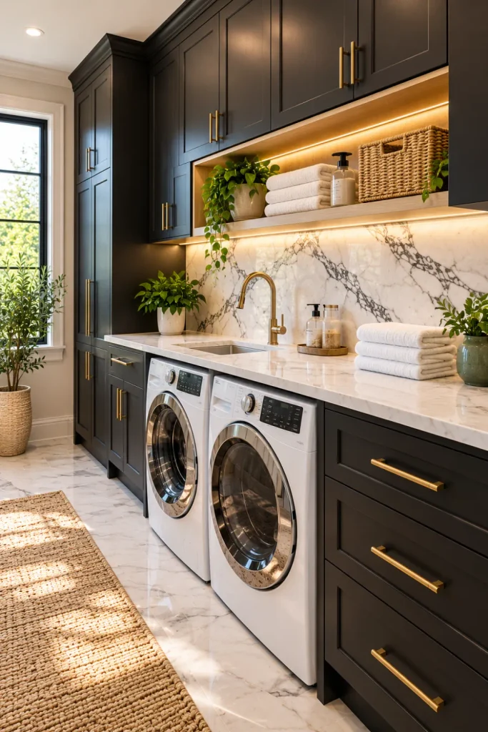 Modern laundry room with matte black built-in cabinets, contrasting white marble backsplash with gray veining, pale folding countertop, stainless-steel washer and dryer, and warm brass hardware.