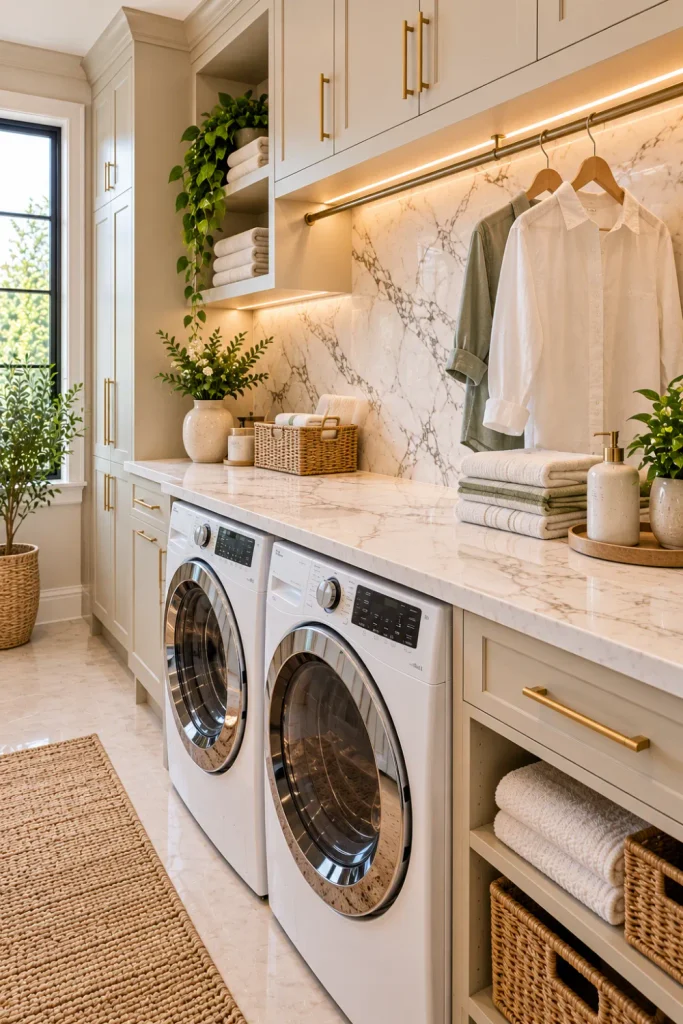 Modern laundry room with a built-in marble folding counter above front-loading washer and dryer, upper storage cabinets, a brass hanging rail, and elegant marble backsplash tiles.
