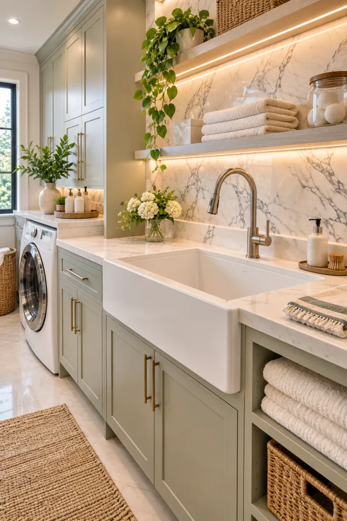 Modern laundry room featuring a deep built-in utility wash tub, white marble wall tiles, a brushed-metal faucet, a pale countertop, and under-sink cabinets for concealed cleaning storage.