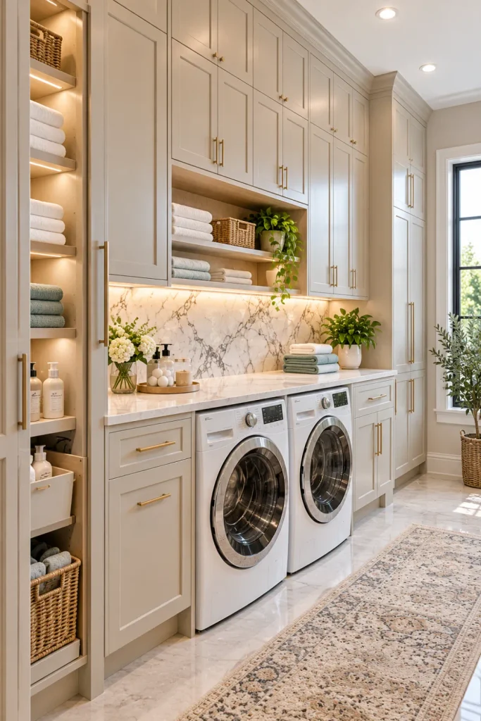 Elegant modern laundry room with floor-to-ceiling built-in cabinets, concealed household storage, marble wall tiles, front-loading laundry appliances, and a pale folding countertop.