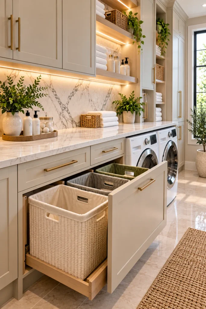 Modern laundry room with concealed pull-out laundry hampers, built-in sorting drawers, white marble folding countertop, warm neutral cabinetry, and organized washer and dryer storage.