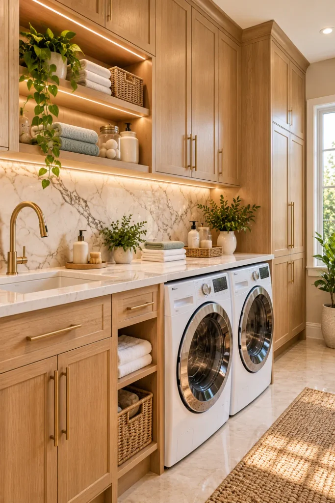 Modern laundry room with warm natural oak built-in cabinets, cream marble wall tiles, pale stone folding countertop, front-loading washer and dryer, and brushed-brass hardware.