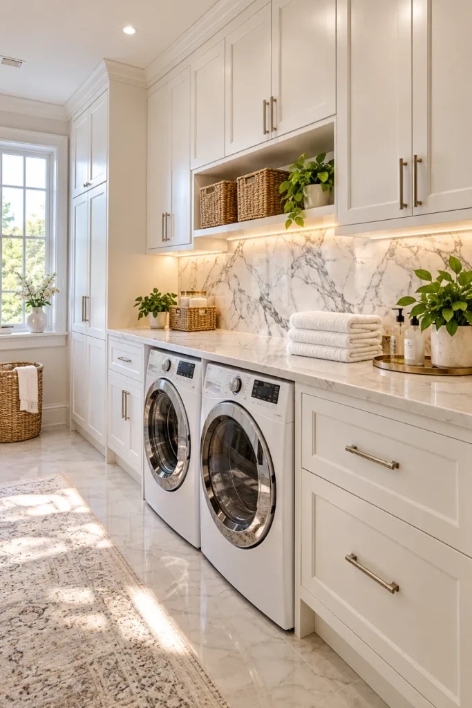 Bright white modern laundry room with floor-to-ceiling built-in cabinets, elegant white marble backsplash with gray veining, pale folding countertop, concealed laundry storage, and warm under-cabinet lighting.