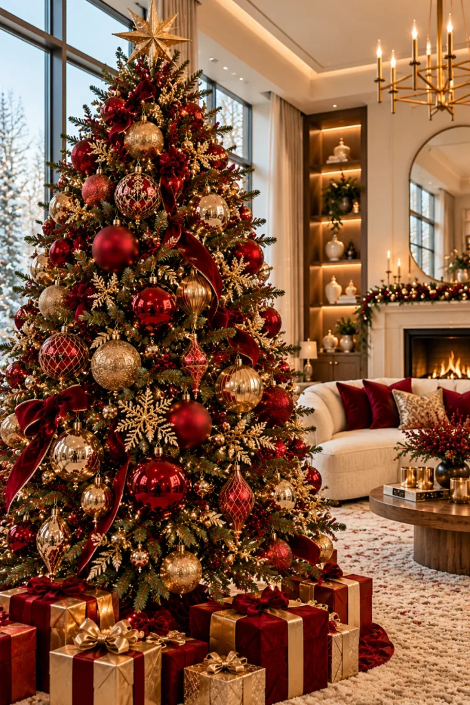Modern red and gold Christmas tree ideas for a luxurious look featuring minimalist ruby-red baubles, brushed champagne-gold ornaments, warm LED lights, cream boucle furniture, a walnut coffee table, and contemporary neutral living room decor.