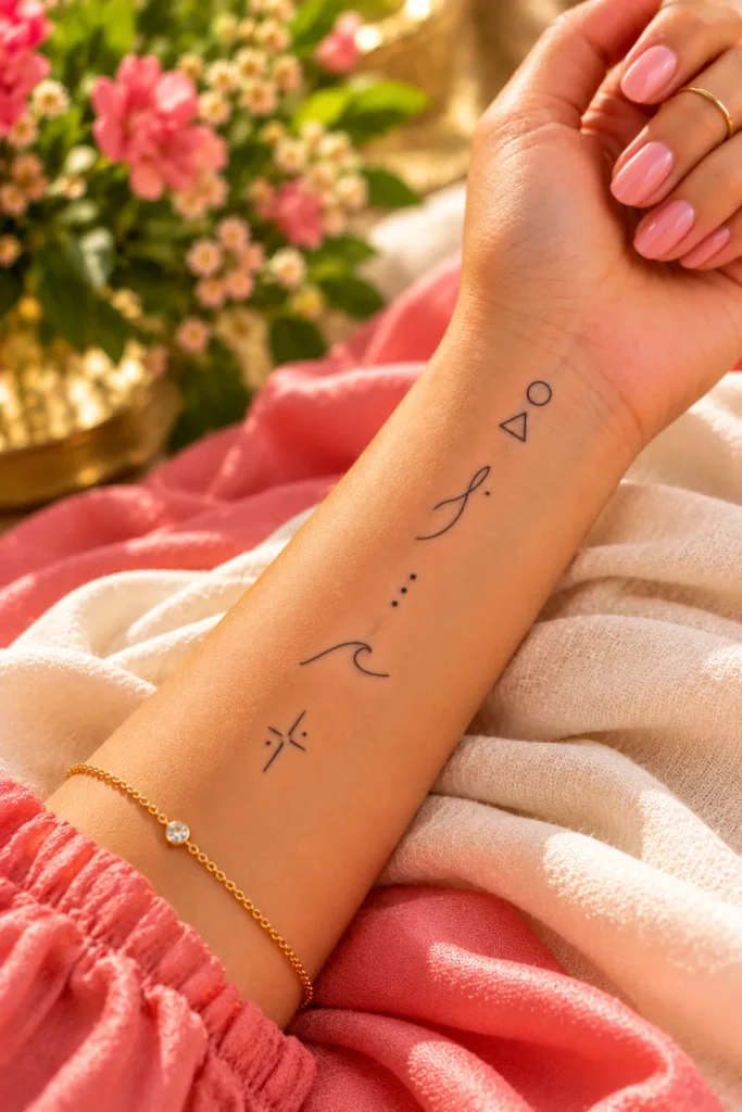 Modern minimalist tattoo designs featuring delicate geometric shapes, abstract fine lines, tiny dots, a simple wave, and understated symbols on a woman's forearm with vibrant coral styling.