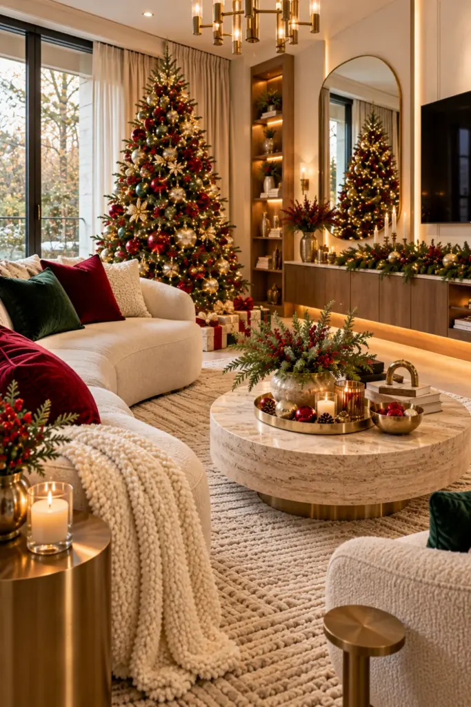 Modern red, gold, and green Christmas living room with a minimalist green tree, sculptural gold ornaments, a curved cream sofa, emerald cushions, a marble coffee table, and contemporary metallic lighting.