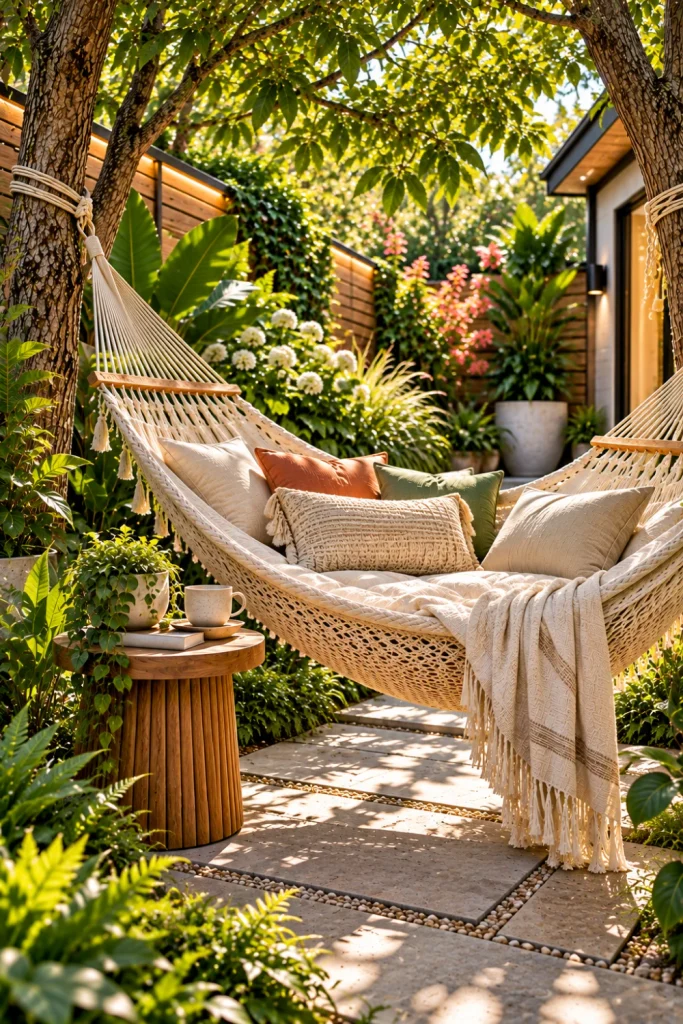 Modern small backyard with a premium tree hammock, vertical greenery, slim side table, clean landscaping, warm neutral textiles, and vibrant contemporary outdoor styling.
