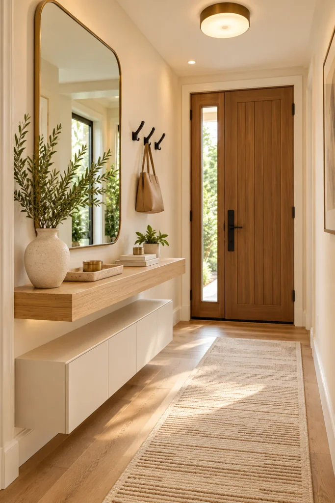 Modern small entryway ideas featuring a large wall-mounted mirror, slim floating console, warm white walls, light oak flooring, compact shoe storage, and bright contemporary foyer decor.