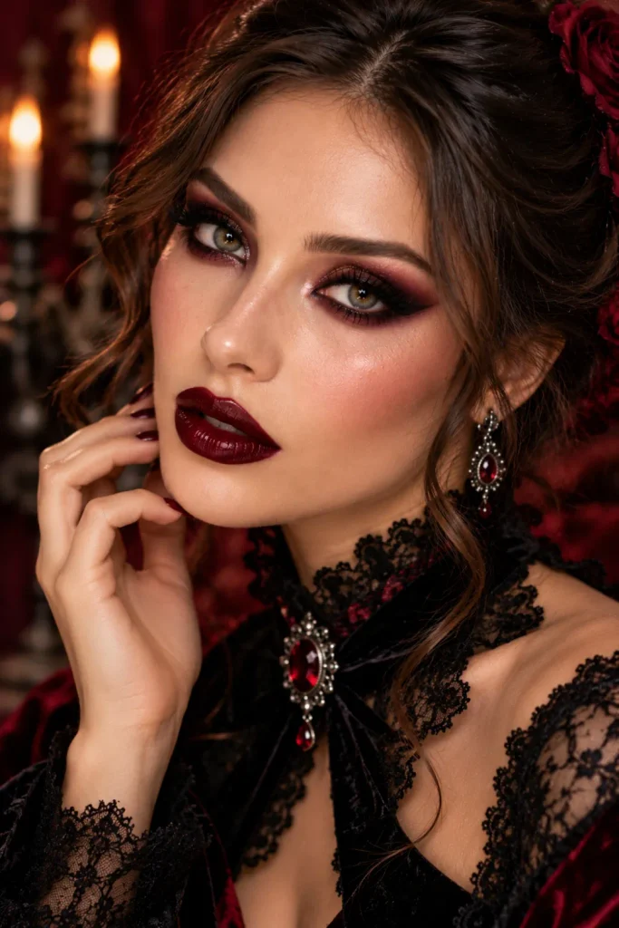 Modern vampire Halloween makeup with deep oxblood lips, diffused burgundy smoky eyes, defined cheekbones, dramatic lashes, and glossy editorial beauty styling.