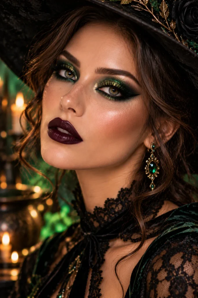 Modern witch Halloween makeup featuring emerald-green metallic eyeshadow, dramatic black winged eyeliner, dark plum lipstick, golden highlights, and sculpted cheeks.
