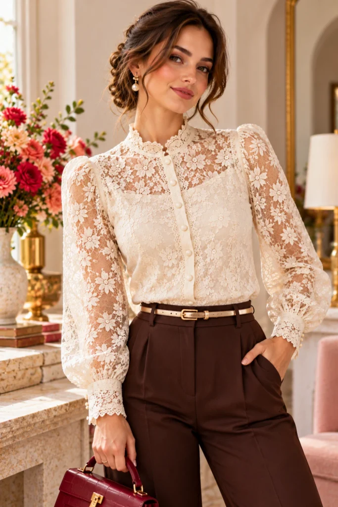 Modest ivory floral lace blouse with an opaque matching bodice lining, sheer long sleeves, and elegant modern tailored trousers.