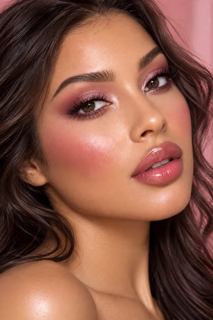 Monochromatic pink-mauve makeup featuring coordinated rosy eyeshadow, pink-mauve blush, softly defined lashes, and shiny rosy lip gloss in an elegant close-up portrait.