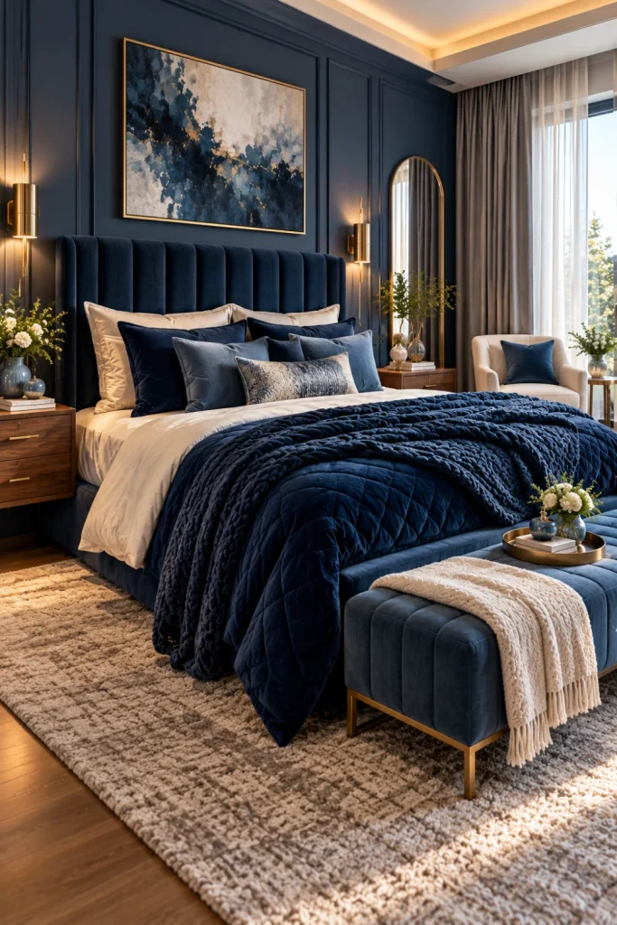 Moody blue bedroom ideas with navy walls, luxurious blue bedding, soft textured throws, a modern upholstered headboard, warm wood furniture, and elegant ambient lighting.