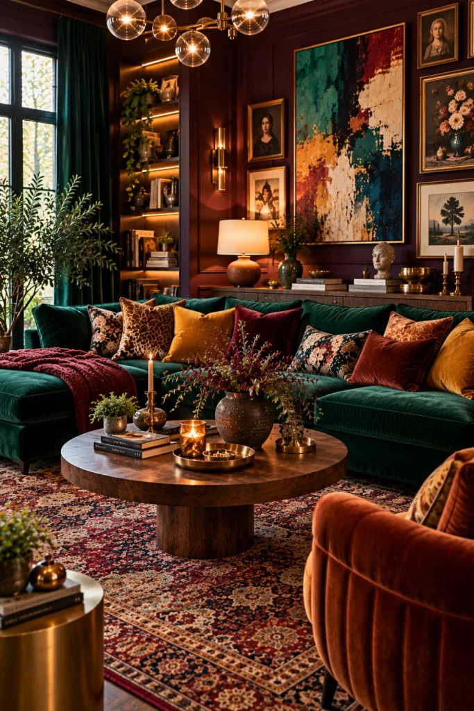 Moody maximalist living room with dramatic aubergine walls, a rich jewel-toned velvet sofa, layered patterned cushions, colorful statement art, dark wood furniture, curated decor, and cozy ambient lighting.