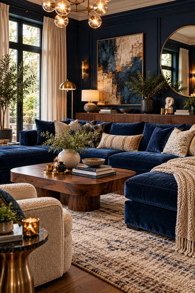 Moody navy blue living room with a deep-blue sofa, layered velvet and knitted cushions, warm walnut furniture, a textured neutral rug, brass lamps, and soft window lighting.