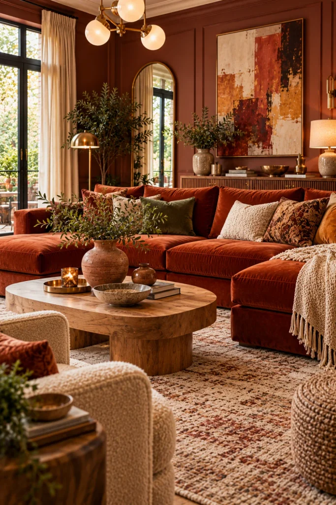 Moody terracotta and rust living room with a burnt-orange sofa, earthy accent cushions, natural oak furniture, a textured neutral rug, clay pottery, linen curtains, and warm contemporary lighting.