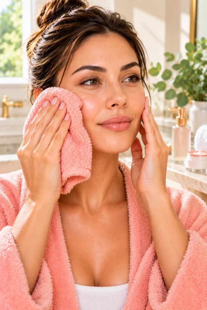 Woman applying a cool, soft facial cloth to her cheeks during a morning de-puffing routine with gentle facial massage and simple skincare products.