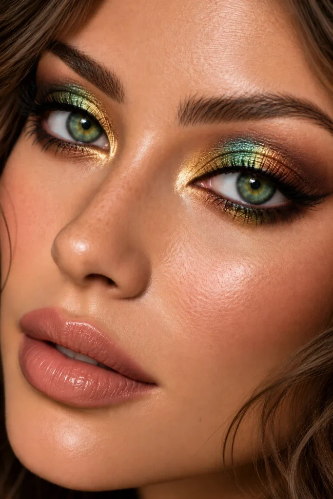 Multichrome eyeshadow makeup for green eyes featuring reflective green, gold, and bronze color shifts, softly blended edges, fine eyeliner, and luminous multidimensional shimmer.